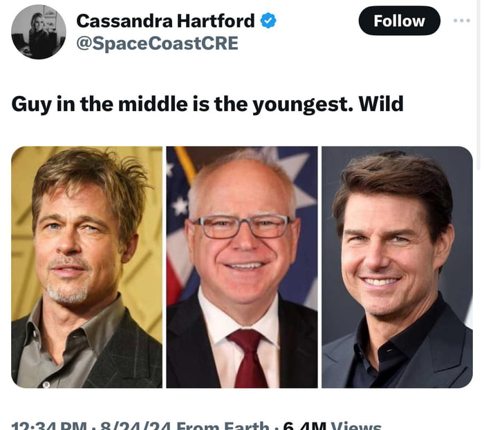 Fun fact: Tim Walz is younger than Brad Pitt & Tom Cruise!! - 9GAG